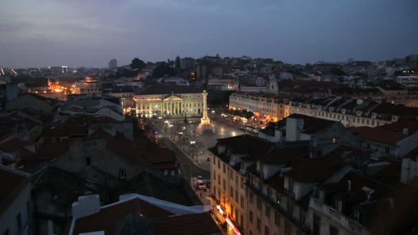 Rossio Square at dusk and Monument — Stock Video