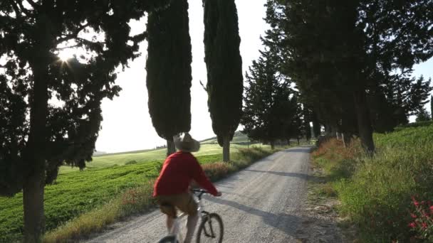 Ciclista paseos camino sucio en polvo mañana — Vídeo de stock