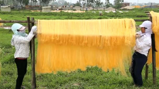 Women drying sheets of Mien Noodles — Stock Video
