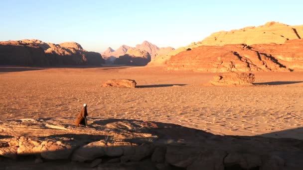 Одинокий бедуин гуляет по Долине Луны — стоковое видео