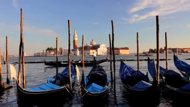 Gondolier rows a tourist couple past a row of docked — Stock Video