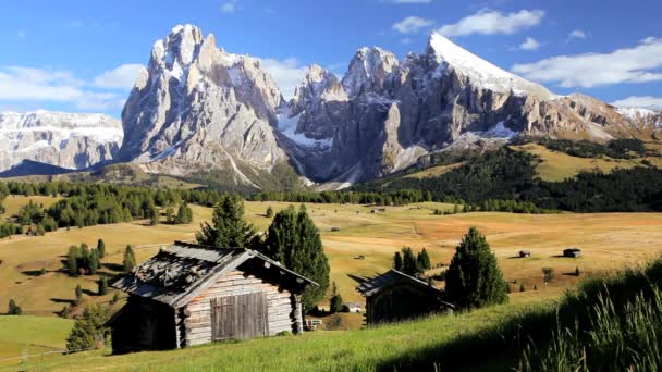 Красивые альпийские пастбища с деревянными домиками — стоковое видео
