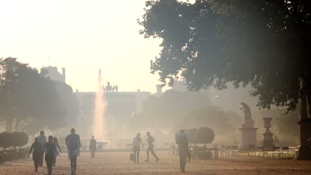 法国巴黎凯旋门杜卡鲁塞尔阴霾的喷泉雕塑 — 图库视频影像