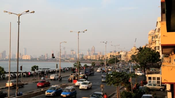 Mumbai Marine drive ville skyline Voyage coucher de soleil Inde — Video