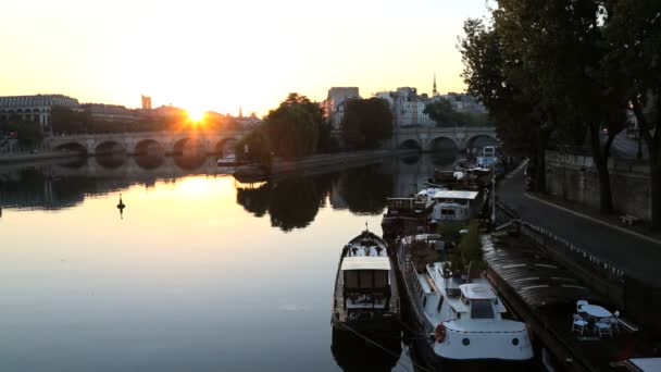 France Paris River Seine IIe de la Citie sunrise boat — Stock Video