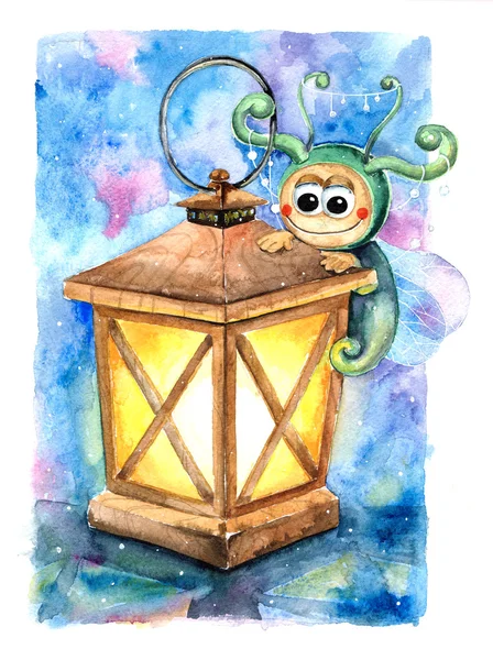 Akvarell-lampa med sagolik varelse — Stockfoto