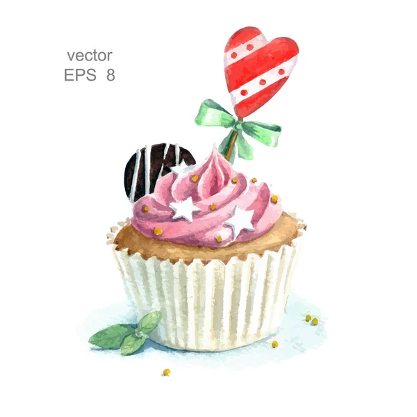 Watercolor  decorated cupcake — Stock Vector