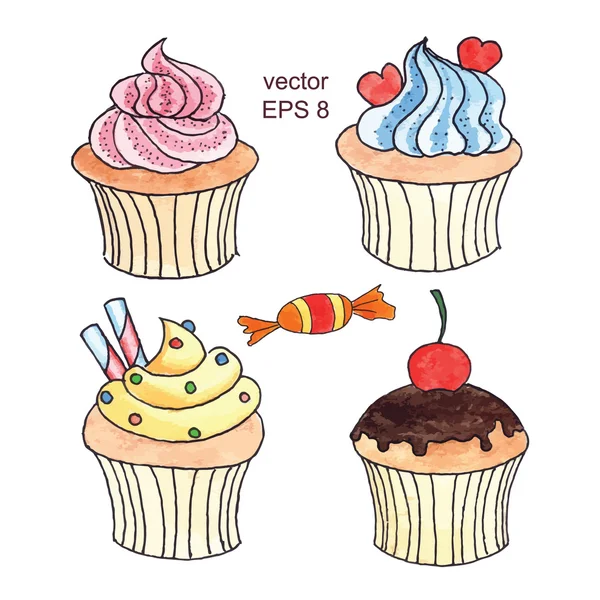 Hand dras akvarell cupcakes — Stock vektor