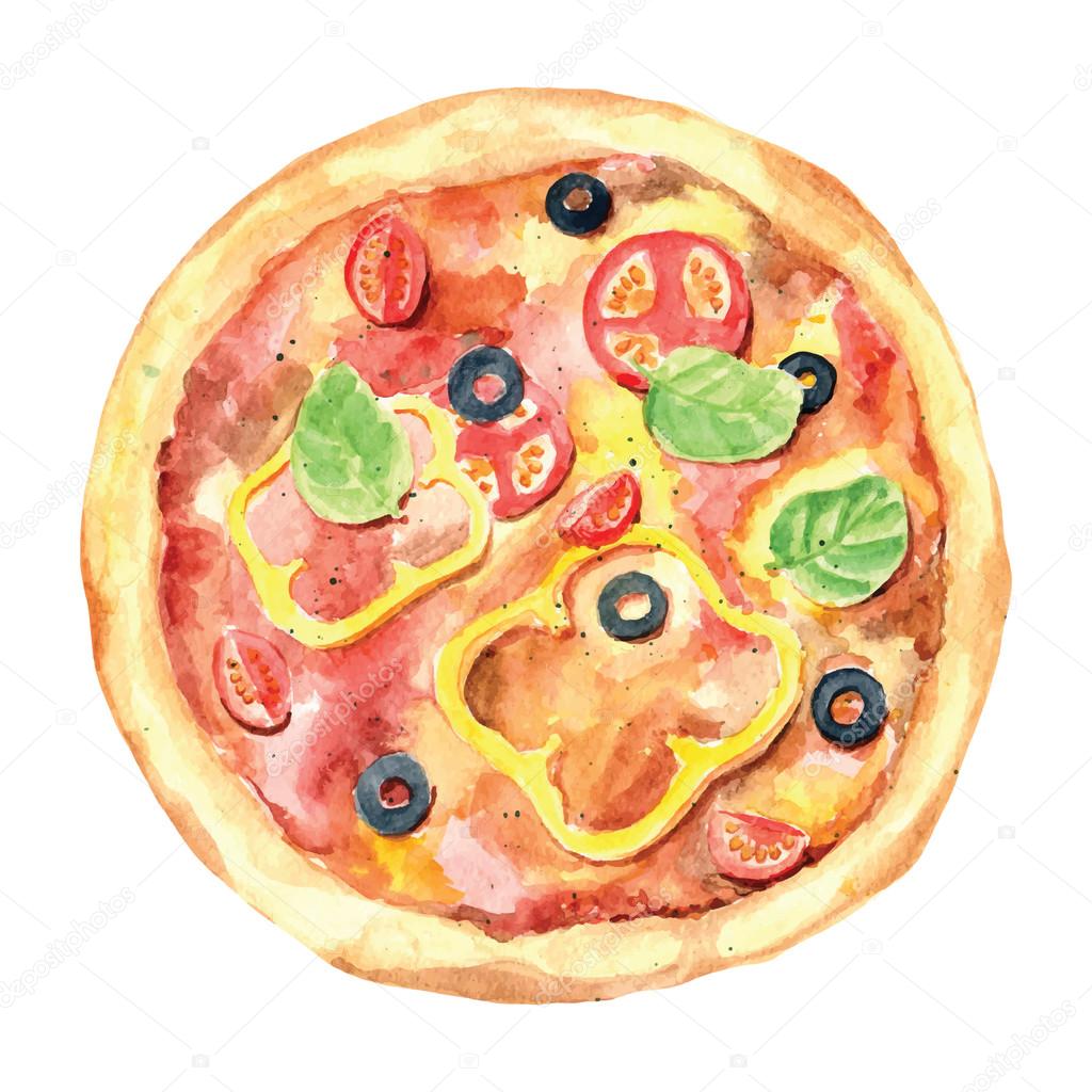 Hand drawn watercolor pizza
