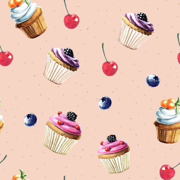 Hand drawn watercolor desserts seamless pattern — Stock Photo, Image