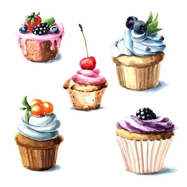 Hand drawn watercolor cupcakes. — Stock Photo, Image