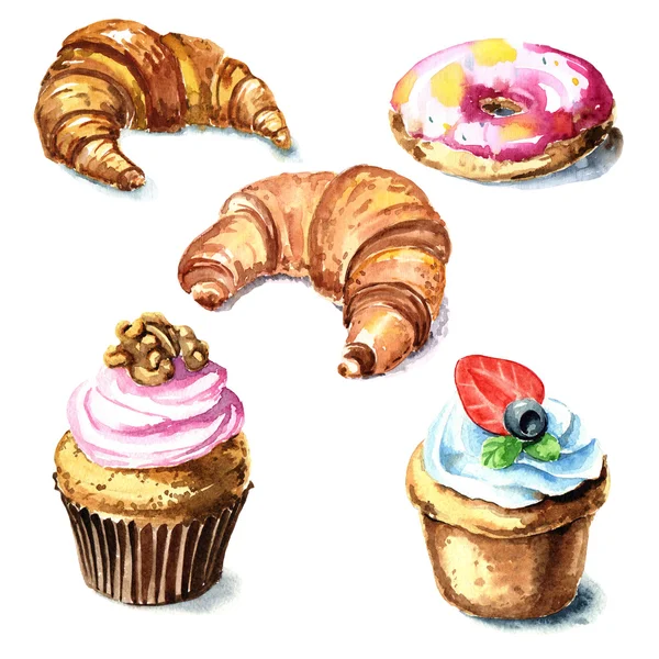 Hand drawn watercolor desserts. — Stock Photo, Image