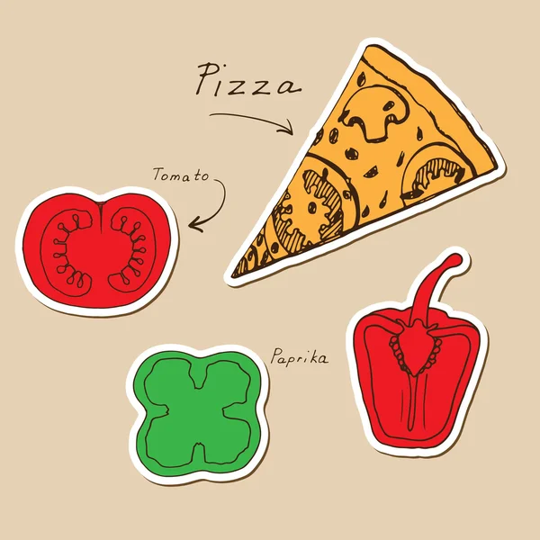 Pizza esboçada à mão e ingredientes — Vetor de Stock