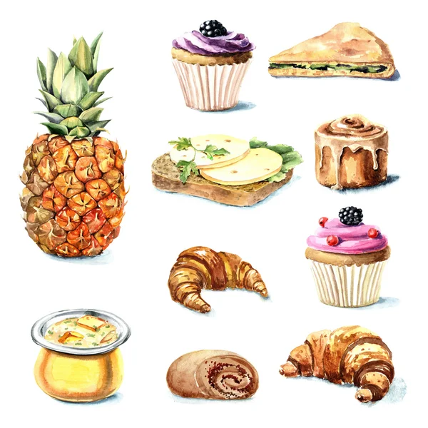 Hand drawn watercolor desserts. — Stock Photo, Image