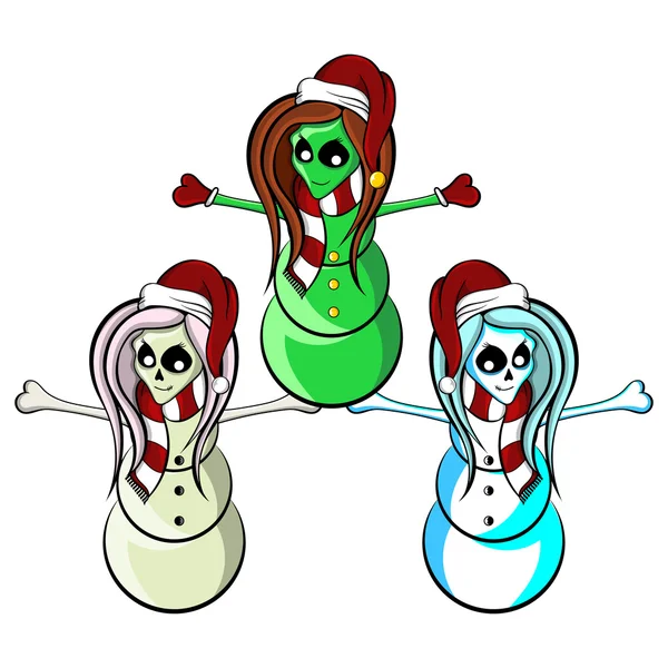 Alien Skeleton Cheerleader Snowmen Package Set — Stock Vector