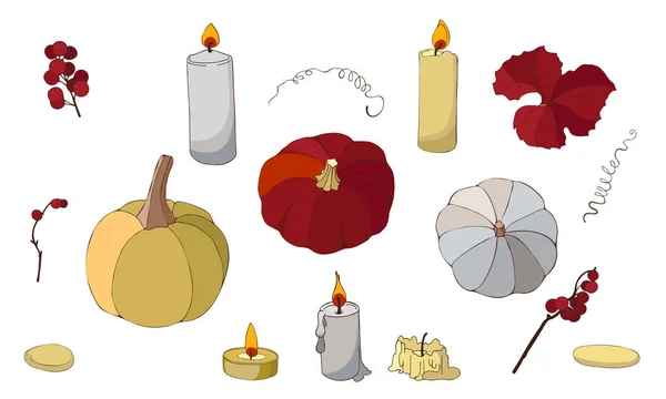 Podzim nastaven. Dýně a svíčky izolované na bílém pozadí — Stockový vektor