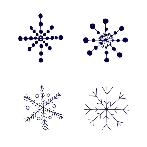 Set Contour Doodle Snowflakes Isolated White Background Seasonal Winter Decoration — Stock Vector