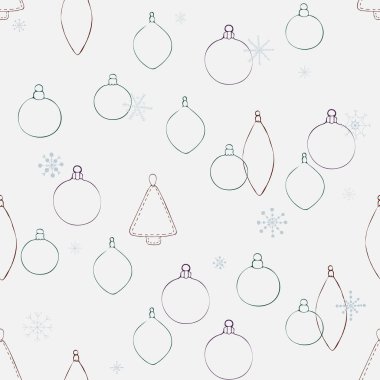 Yeni yıl oyuncakları temalı beyaz bir arka planda vektör çizimleri. Kusursuz el yapımı Noel oyuncakları