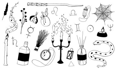  Esrarengiz eşyalar koleksiyonu. Bir dizi büyülü izole elementler. Vektör illüstrasyonu