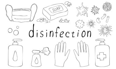 Dezenfekte. El dezenfektanı şişeleri, tıbbi maske, sprey, eldiven çizimleri. El hijyeni..