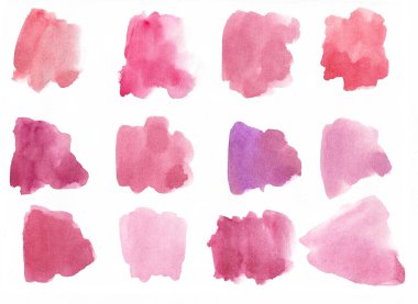 Beyaz arka planda pembe ve kırmızı şekilli soyut akvaryum. Suluboya ile çizilen renk sıçramaları.