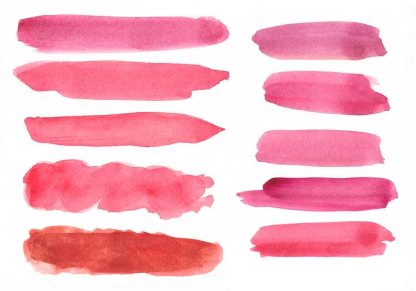 Beyaz arka planda pembe ve kırmızı şekilli soyut akvaryum. Suluboya ile çizilen renk fırçası vuruşları.