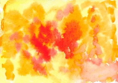 Kağıt dokusunda soyut kırmızı ve sarı suluboya. Renkli sıçramalar, sonbahar havası. El çizimi.