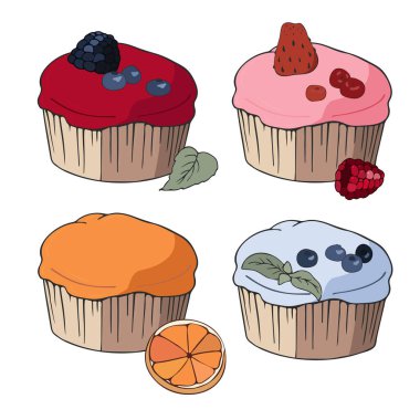 Beyaz arka planda kek ve kek seti. Beyazda izole edilmiş. Böğürtlenlerle süslenmiş parlak tatlı hamur işleri. Vektör çizimi. El çizimi