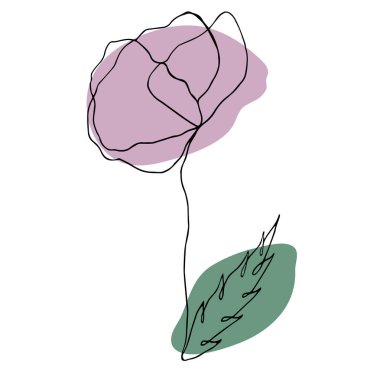 Bir çizgi çiçek çizildi. Modern tasarım, pastel lekeler. Vektör izole illüstrasyon. Tasarımın için bir fikir. Ellerin çizdiği.