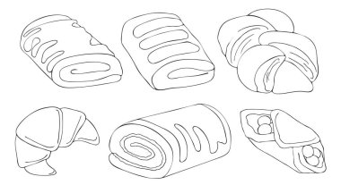 Şekillendirilmiş siyah-beyaz çeşitli tatlılar. Siyah çizgiler, taslak tarzı. Resim, renklendirme için kullanılabilir. Beyaz arkaplanda izole edilmiş vektör.