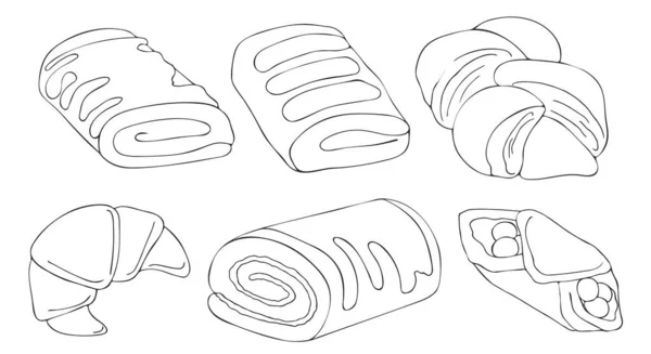 有风格的黑白色各种甜点 轮廓风格 图解可用于着色 在白色背景上孤立的病媒 — 图库矢量图片