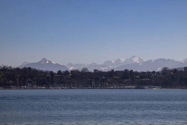 Vista Monte Branco Dos Alpes Lago Genebra Suíça — Fotografia de Stock
