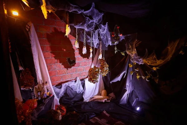 Halloween indoor decoration for photoshoot in dark room or studio