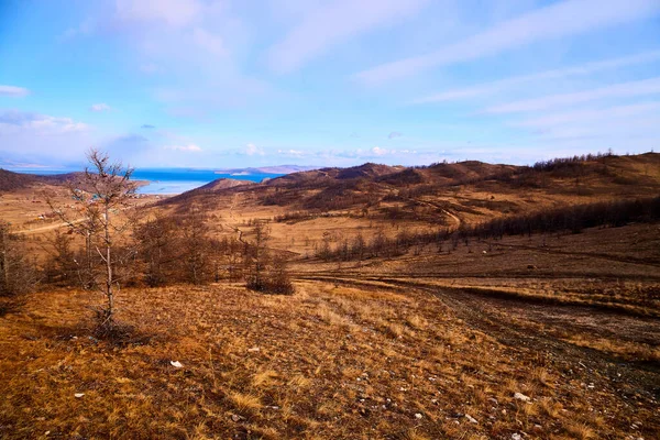 Nature landscape with golden hills with a blue sky with white clouds in a day or evening