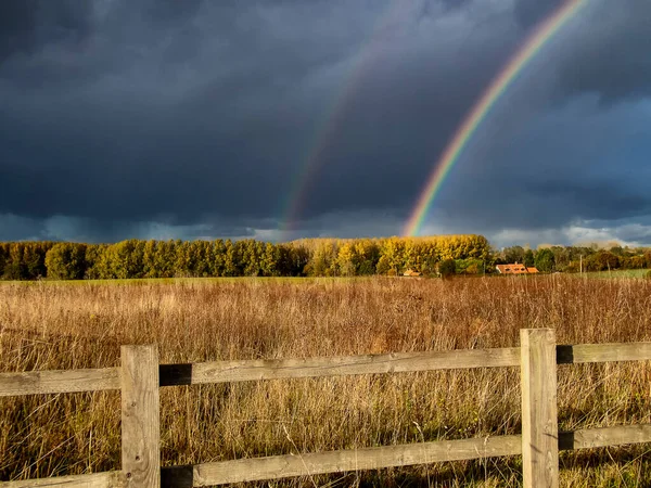 Stunning Rainbow Dark Clouds Rural Fields Suffolk — Stock Photo, Image