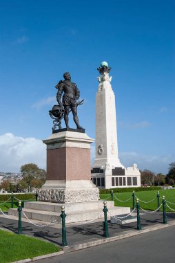 The statue of Sir Francis Drake overlooking Plymouth Hoe in Devon, UK clipart