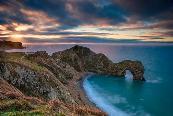 Sun Rises English Channel Durdle Door Jurassic Coast Dorset — Stock Photo, Image