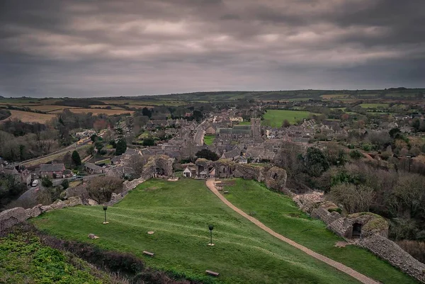 Kilátás Corfe Kastély Romjairól Dorset Egyesült Királyság — Stock Fotó