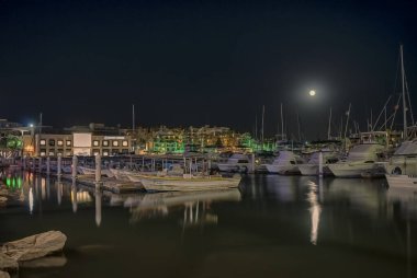 Los Cabos, Baja California, Meksika 'daki marinaya demirlemiş çeşitli tekne ve yatlar.