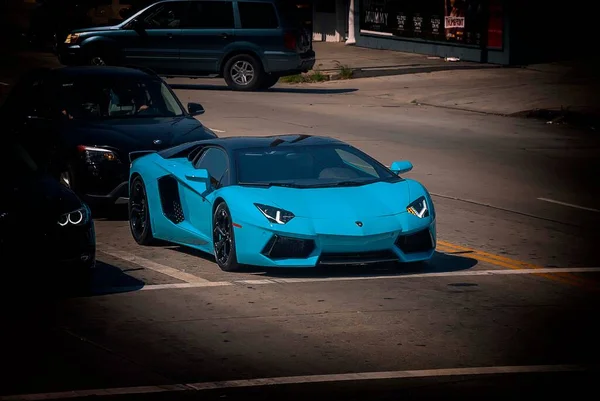 Una Lamborghini Aventador Blu Strade Beverly Hills Los Angeles — Foto Stock