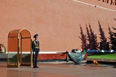 Bilinmeyen Asker Mezarı 'ndaki muhafızlar ve İskender Bahçesi' ndeki Kremlin Duvarındaki Sonsuz Alev, Moskova, Rusya