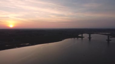 Drone footage of the River Orwell near Ipswich, Suffolk, UK at sunset