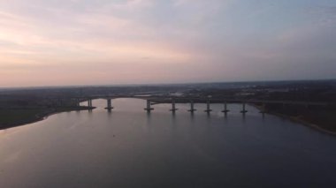 Drone footage of the River Orwell near Ipswich, Suffolk, UK at sunset