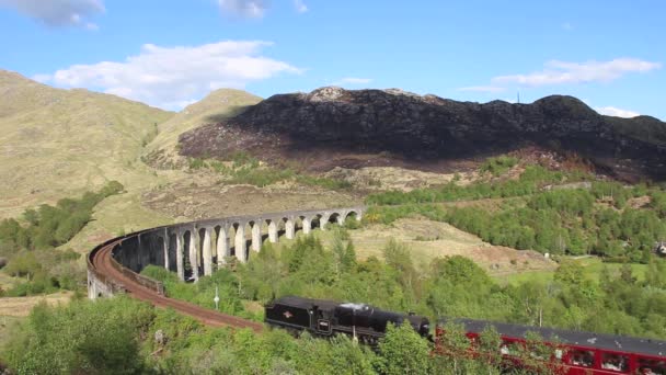 Materiał Filmowy Pociągu Parowego Jacobite Przejeżdżającego Przez Wiadukt Glenfinnan Pobliżu — Wideo stockowe