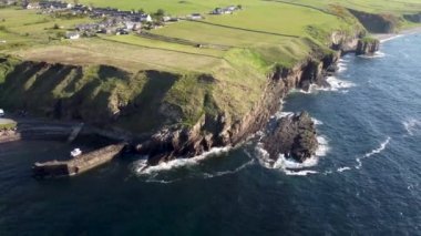 4k drone footage of the small harbour at Latheronwheel on the coast of Caithness, Scottish Highlands, UK