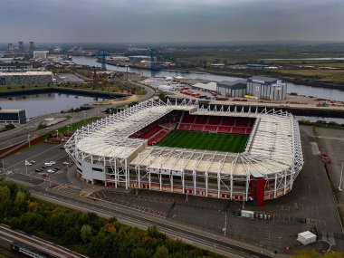 Kuzey Yorkshire, İngiltere 'deki Middlesbrough FC' nin evindeki Riverside Stadyumu 'nun hava manzarası.