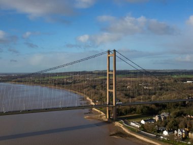 Humber Köprüsü 'nün hava görüntüsü Kingston yakınlarındaki tek açıklıklı asma köprü Hull, Doğu Biniciliği, Yorkshire, İngiltere