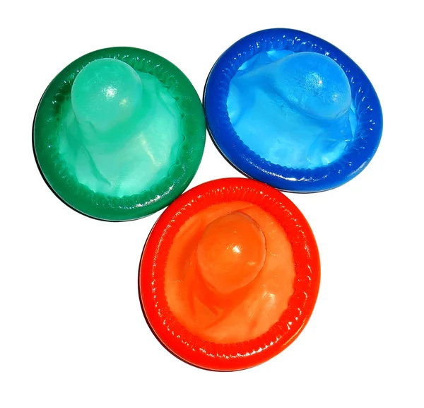 Colorful condoms isolated on white — Stock Photo, Image