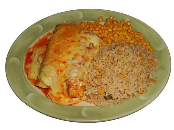 Tortilla's met gehakt vlees, Cheddar en Enchiladas saus, geïsoleerd — Stockfoto
