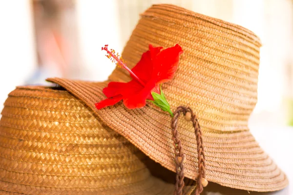 Две соломенные шляпы с цветком гибискуса — стоковое фото